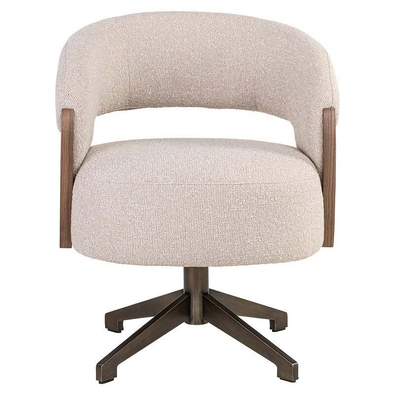 Moderne houten bureaustoel met comfortabele bekleding, ideaal voor kantoor of thuiswerkplek, met draaibaar onderstel en stijlvolle uitstraling.