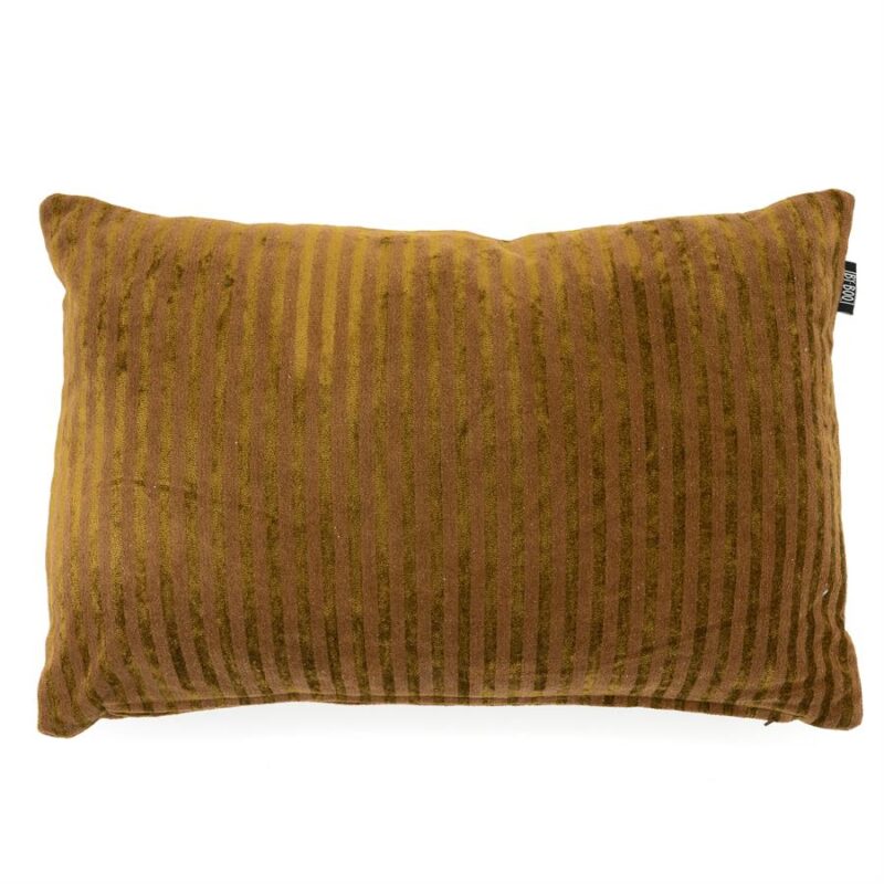 Luxe gouden gestreept kussen op fluwelen stof, perfect voor moderne en stijlvolle interieurdecoratie. Ideaal voor bank, bed of fauteuil, voegt warmte en elegantie toe aan elke ruimte.