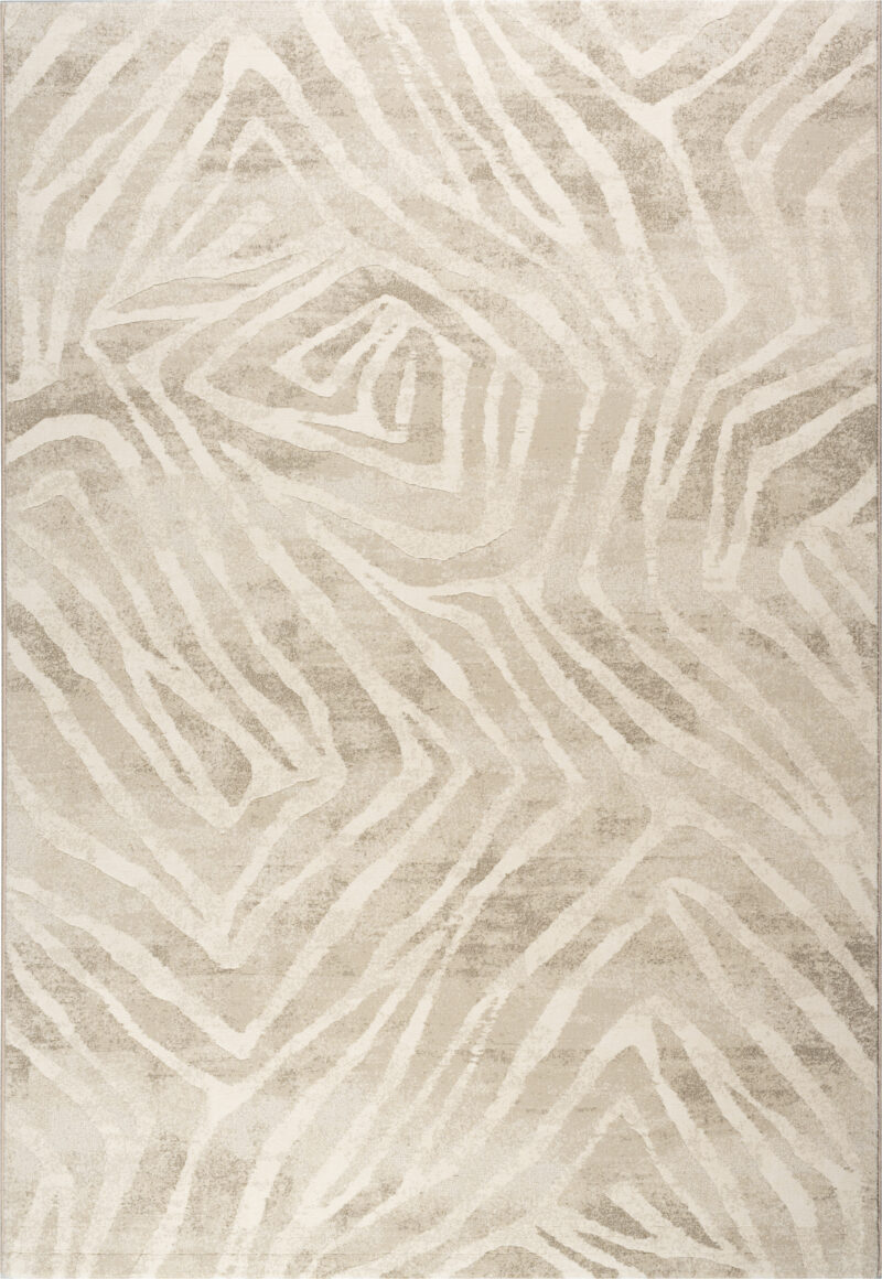 Modern houten patroon tapijt met geometrische lijnen in beige en crème tinten, perfect voor een stijlvolle en warme woonkamer of slaapkamer.