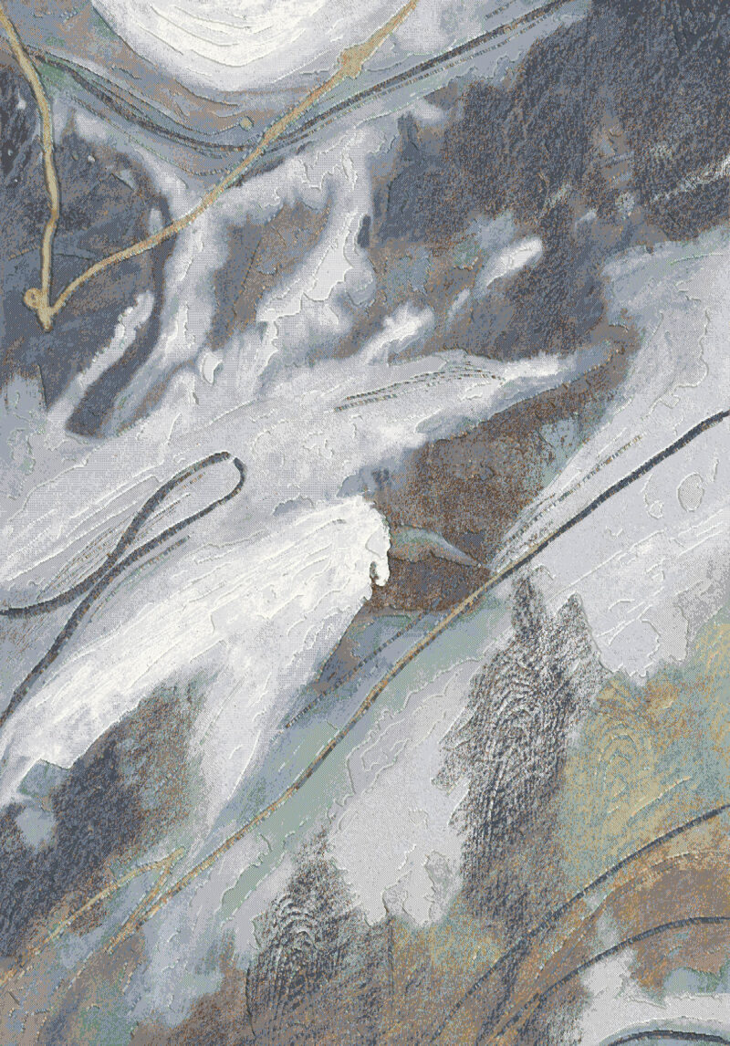 Abstract landschap met bergen, water en natuurlijke tinten, geschikt voor moderne interieurdecoratie en kunstliefhebbers.