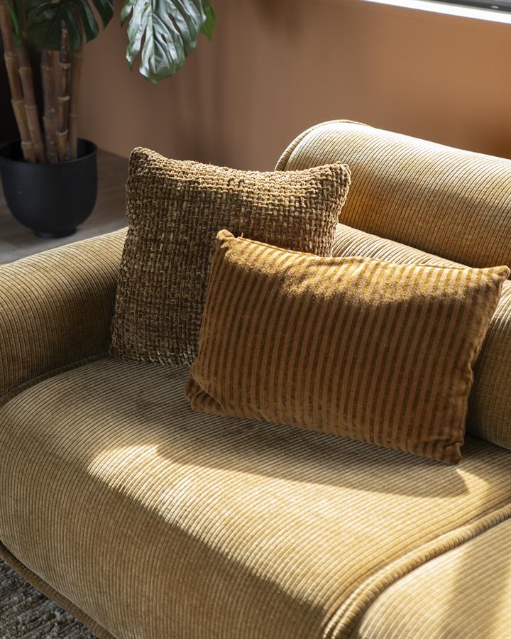 Comfortabele luxe bank met twee sierkussens in een modern interieur, perfect voor gezellige zithoek.