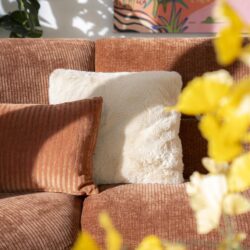 Gezellige stoffen bank met comfortabele kussens in een modern interieur, perfect voor een warme en uitnodigende woonkamer.