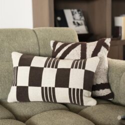 Comfortabele groene bank met zwart-wit gestoffeerde kussens, geplaatst in een stijlvolle woonkamer met houten boekenplank en decoratieve accessoires.