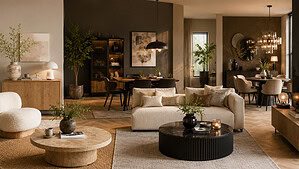 Moderne houten woonkamer met comfortabele banken, stijlvolle meubels en warme verlichting, perfect voor een gezellige en stijlvolle leefruimte.