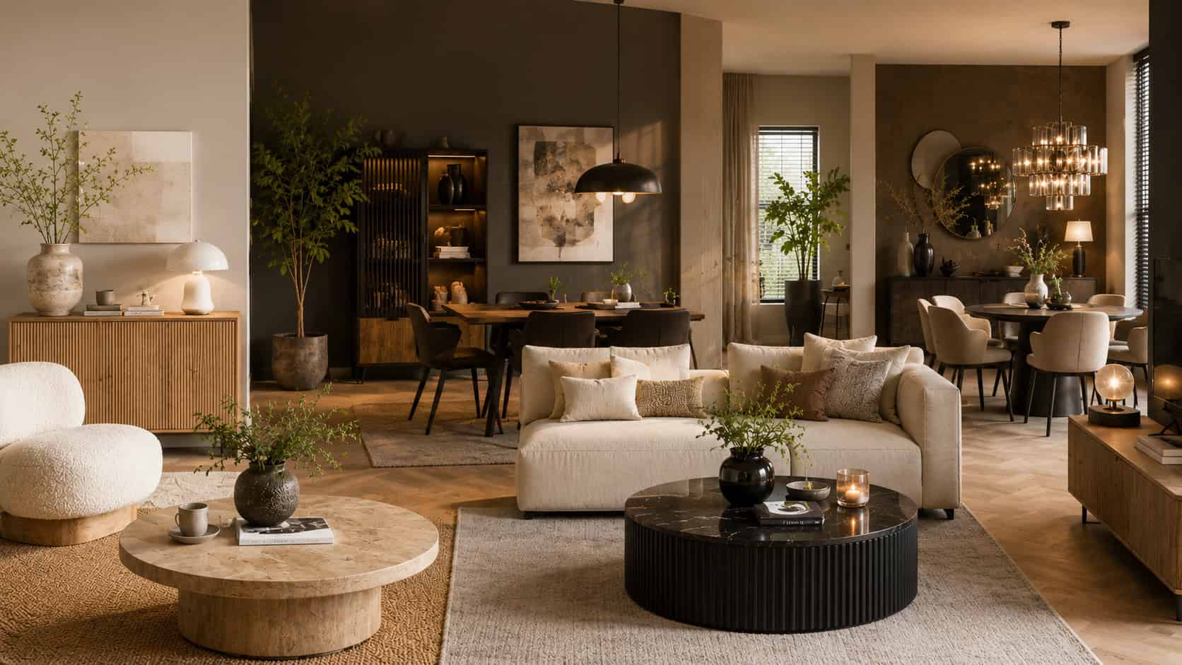 Moderne houten woonkamer met comfortabele banken, stijlvolle meubels en warme verlichting, perfect voor een gezellige en stijlvolle leefruimte.