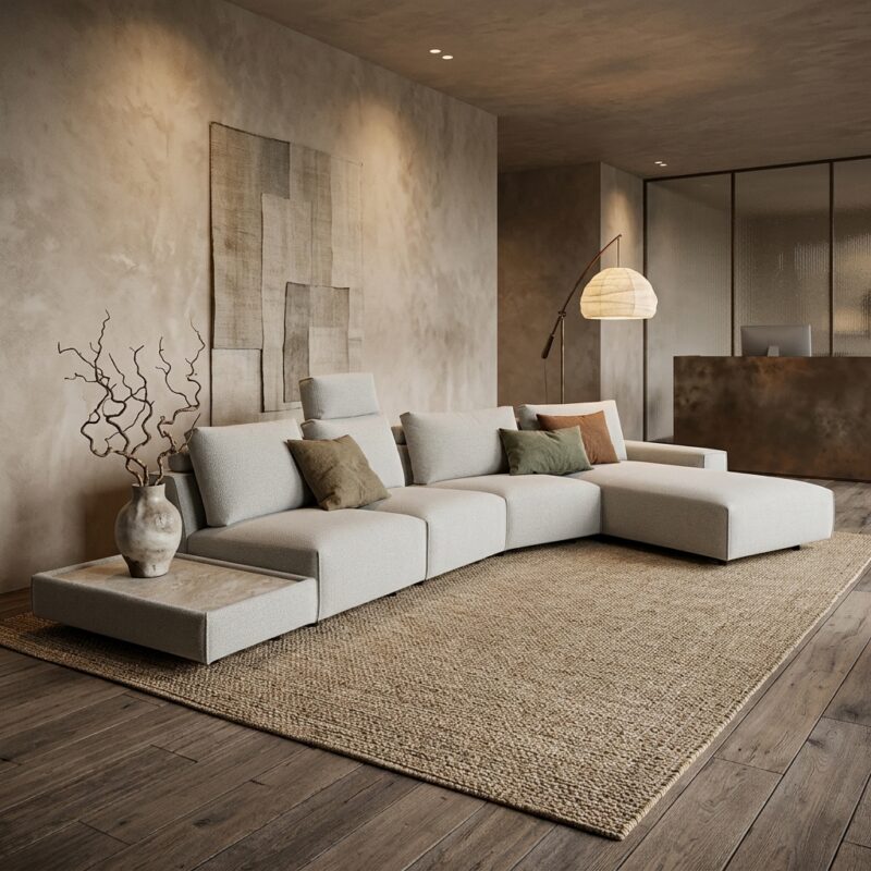 Modulares Ecksofa „Ascot“ aus cremefarbenem Stoff mit Chaiselongue, Ablage-Zwischenelement und niedriger Rückenlehne in einem modernen Wabi-Sabi-Interieur
