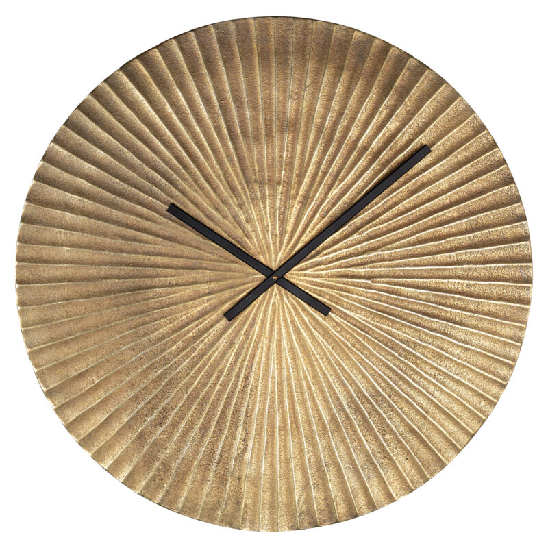 Moderne gouden wandklok met een unieke textuur en zwart uurwerk, perfect voor een stijlvolle en eigentijdse interieurdecoratie. Geschikt voor woonkamer, kantoor of slaapkamer.