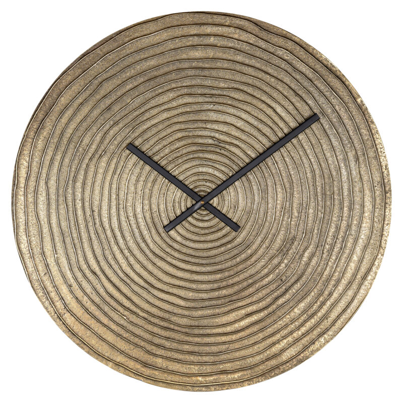 Moderne houten wandklok met zichtbare jaarringen en minimalistisch zwart wijzerplaat, perfect voor een natuurlijke en stijlvolle interieurdecoratie.