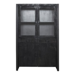 Vitrine Boaz, schwarz, Rückseite aus Mangoholz und Details des Metallrahmens