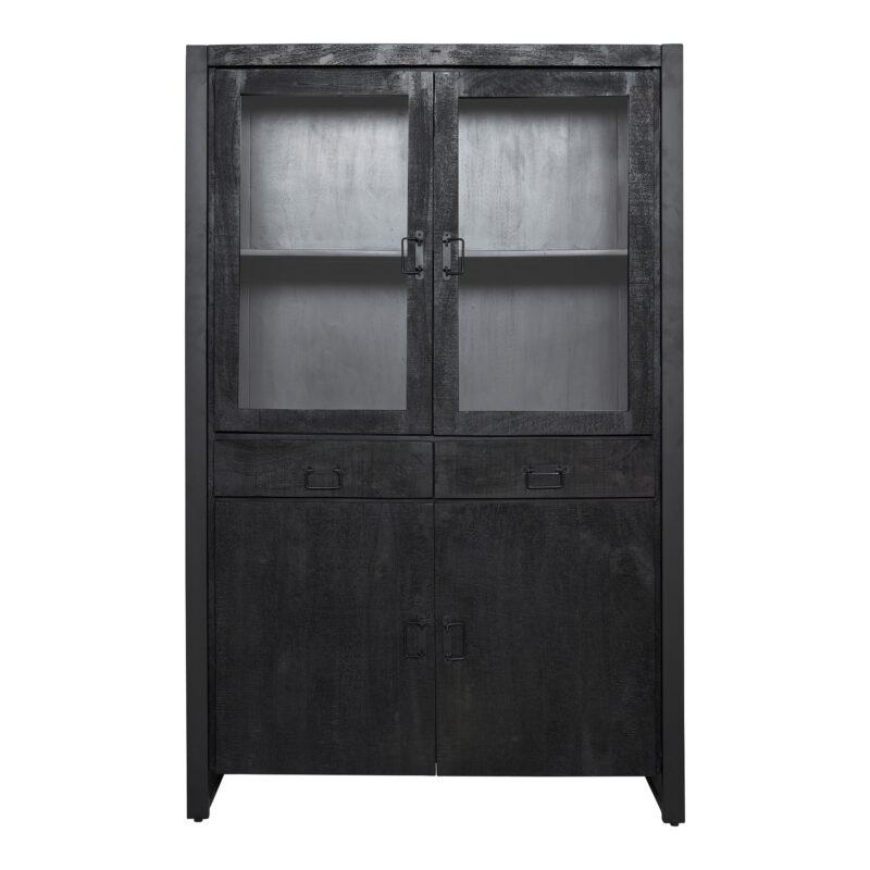 Vitrine Boaz, schwarz, Rückseite aus Mangoholz und Details des Metallrahmens