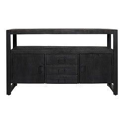 Robuust zwart dressoir van mangohout met drie lades en twee deuren, perfect voor een industrieel interieur.