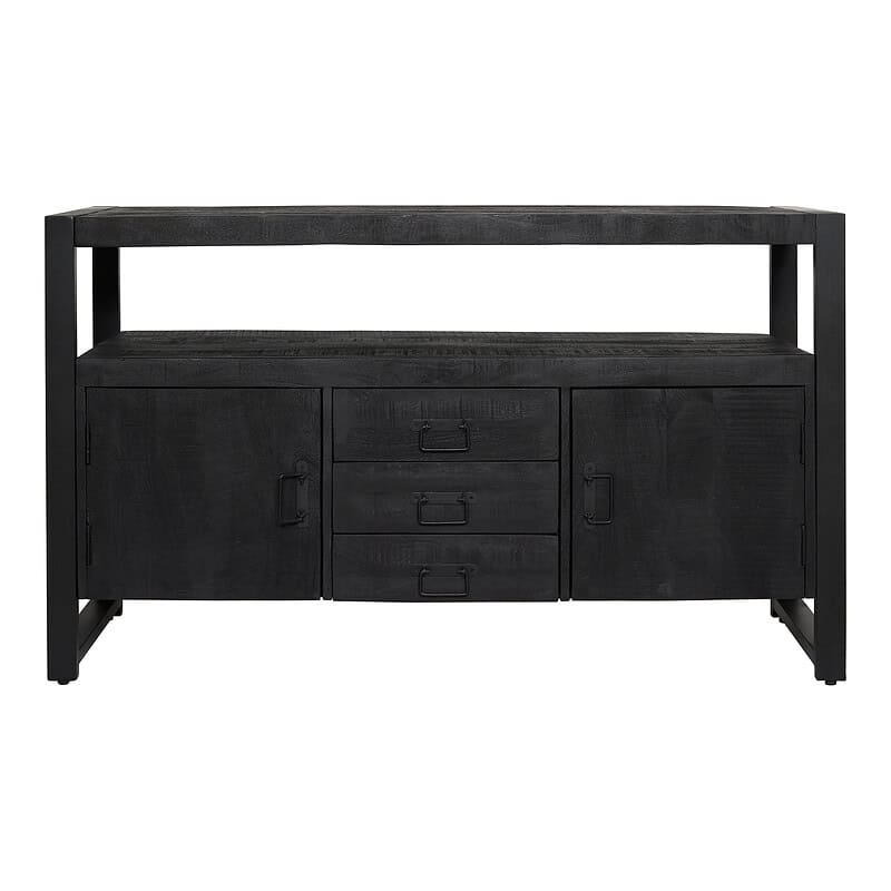 Robuust zwart dressoir van mangohout met drie lades en twee deuren, perfect voor een industrieel interieur.