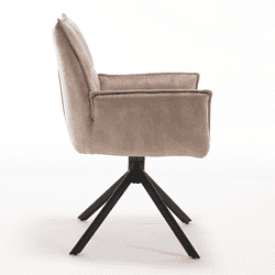 Luxe beige velvet eetkamerstoel met armleuning en zwart metalen onderstel, perfect voor een stijlvolle eetkamer of vergaderruimte.