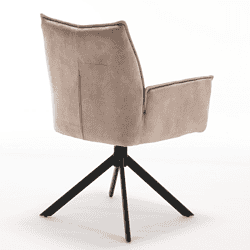 Comfortabele beige velvet eetkamerstoel Dani met armleuning, moderne design en stevige zwarte poot. Perfect voor een stijlvolle en gezellige eethoek.