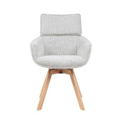 Close-up taupe stof bekleding en armleuning van eetkamerstoel Jona Starfurn