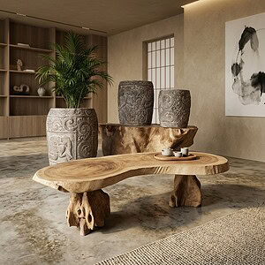 Natuurlijke houten salontafel met rustieke uitstraling en uniek gevormd blad, gecombineerd met keramische vazen en groene plant voor een stijlvolle woonkamer decoratie.