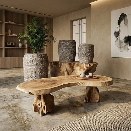 Ein Couchtisch aus Naturholz mit rustikalem Charme und einer einzigartig geformten Tischplatte, kombiniert mit Keramikvasen und einer Grünpflanze – für eine stilvolle Wohnzimmerdekoration.