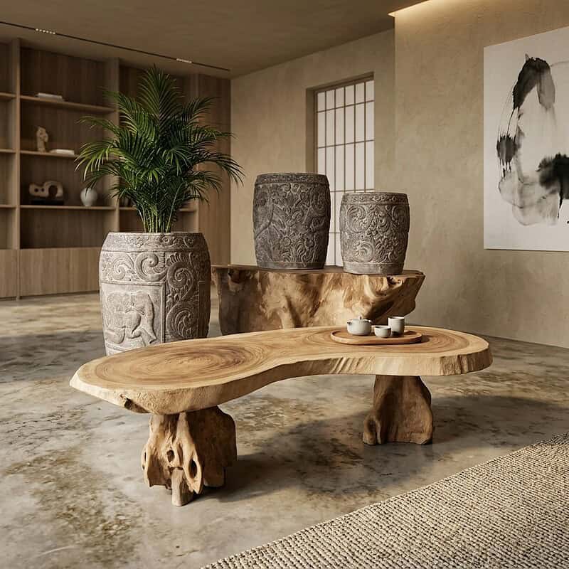 Ein Couchtisch aus Naturholz mit rustikalem Charme und einer einzigartig geformten Tischplatte, kombiniert mit Keramikvasen und einer Grünpflanze – für eine stilvolle Wohnzimmerdekoration.