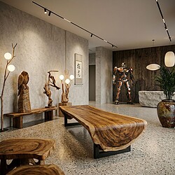 Luxe houten salontafel en bijpassende meubels in een stijlvolle showroom, perfect voor modern interieurdesign.
