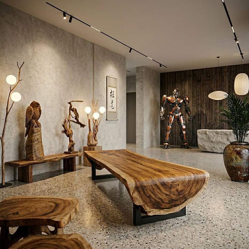 Luxe houten salontafel en bijpassende meubels in een stijlvolle showroom, perfect voor modern interieurdesign.