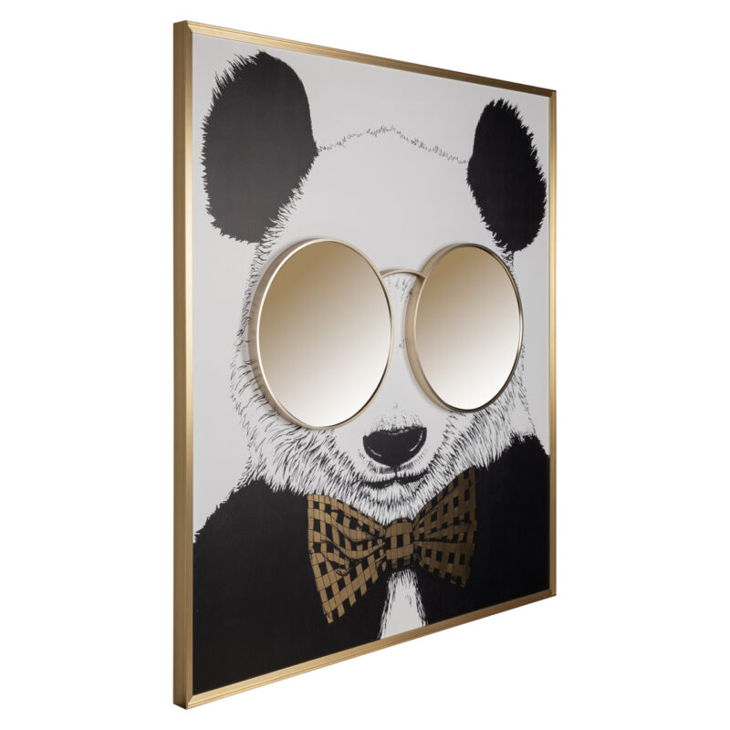 Detailopname wall art panda met gouden accenten en zwarte contouren