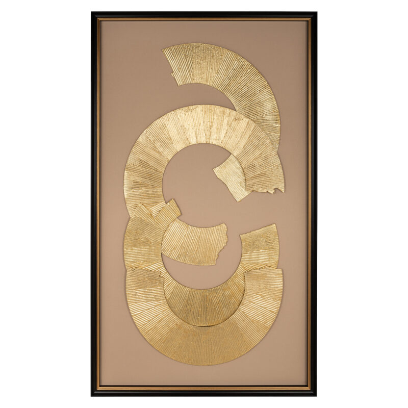 Detail van handgemaakte wall art Eden met gouden textuur op zwart