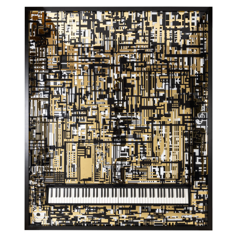 Wandbild „Wibi“ in Schwarz und Gold – moderne Wanddekoration mit weißen Akzenten