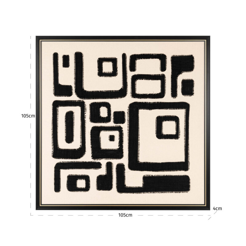 Zijaanzicht van handgemaakte wall art Shanita met unieke zwart-witte compositie