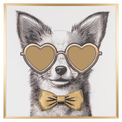 Kunstwerk van een schattige hond met hartvormige zonnebril en strikje, in zwart en goud, perfect voor moderne muurdecoratie en interieurdesign.