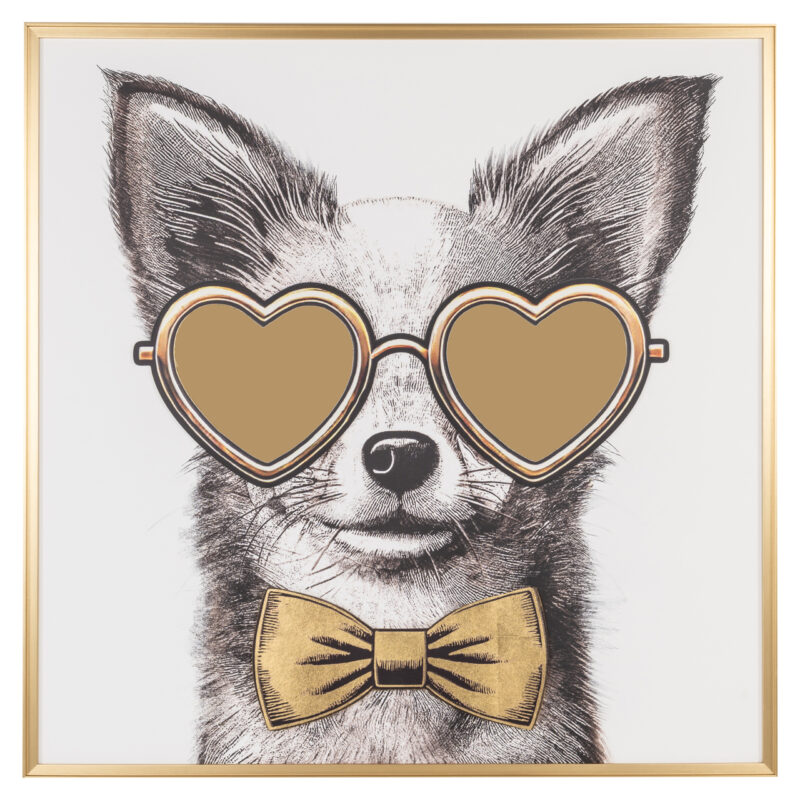Kunstwerk van een schattige hond met hartvormige zonnebril en strikje, in zwart en goud, perfect voor moderne muurdecoratie en interieurdesign.