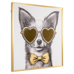 Moderne wanddecoratie met een hond in hartvormige zonnebril en gouden strik, perfect voor een stijlvolle en speelse interieuraccent.