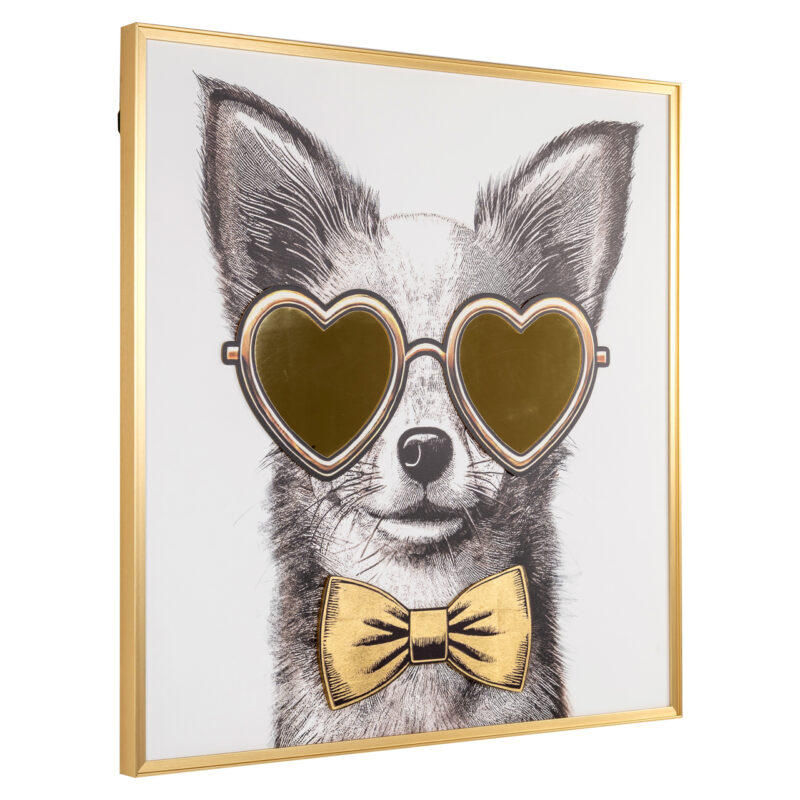 Moderne wanddecoratie met een hond in hartvormige zonnebril en gouden strik, perfect voor een stijlvolle en speelse interieuraccent.