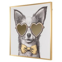Moderne muurkunst met hond, goudkleurige hartvormige zonnebril en strik, perfect voor stijlvolle interieurdecoratie.