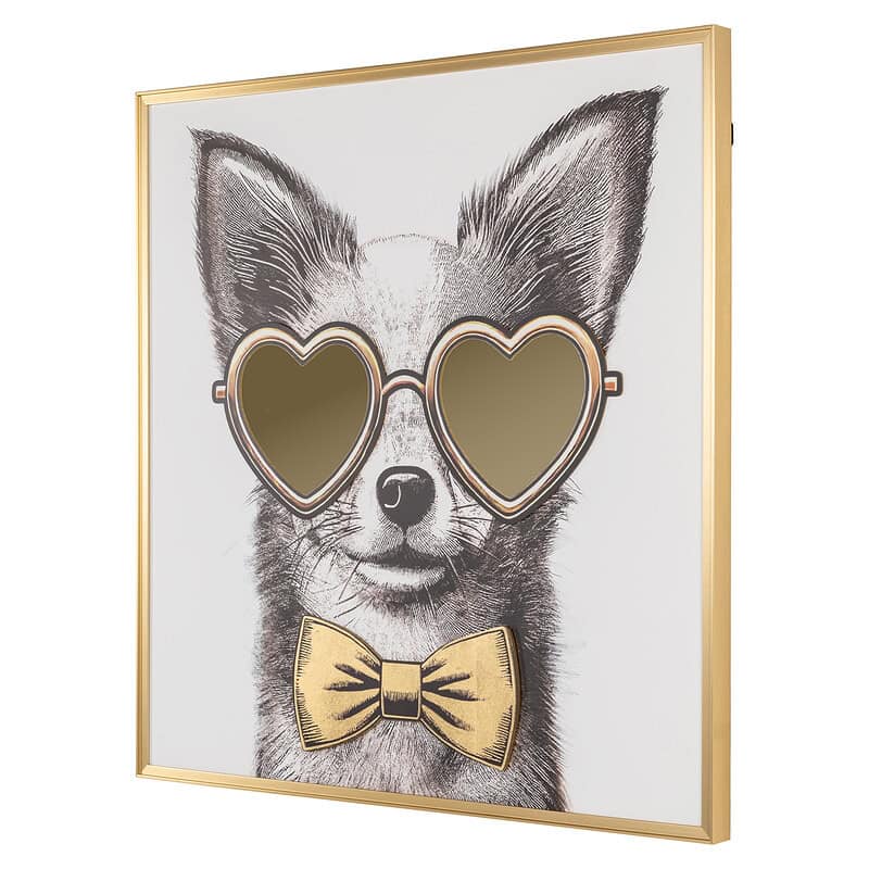 Moderne muurkunst met hond, goudkleurige hartvormige zonnebril en strik, perfect voor stijlvolle interieurdecoratie.