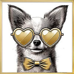 Decoratief muurkunst met hond en gouden accessoires.