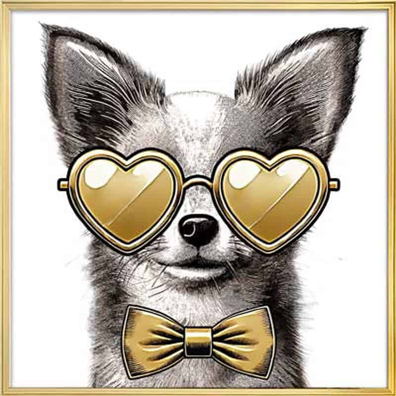 Decoratief muurkunst met hond en gouden accessoires.