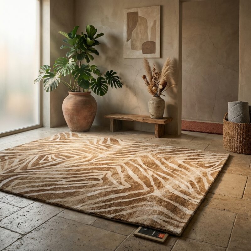 Gezellige woonkamer met beige tapijt, grote groene plant in aardewerken pot, en decoratieve kunst aan de muur, creëert een warme en natuurlijke sfeer.