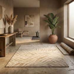 Een stijlvolle interieurruimte met een grote groene plant, houten meubels en een beige tapijt, perfect voor een warme en natuurlijke sfeer in huis.