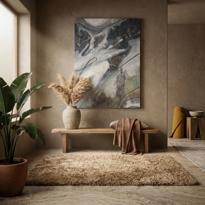 Gezellige woonkamer met houten bank, abstract kunstwerk en groene planten, perfect voor een stijlvolle en comfortabele leefruimte.