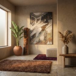 Modern interieur met planten, abstract kunstwerk en natuurlijke decoratie in een minimalistische woonkamer.