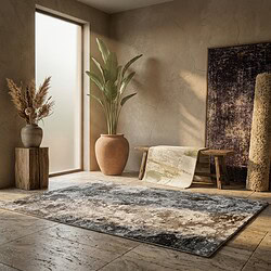Moderne woonkamer met natuurlijke decoratie, grote plant, houten bank en vintage tapijt, sfeervol en stijlvol interieur voor een warme uitstraling.
