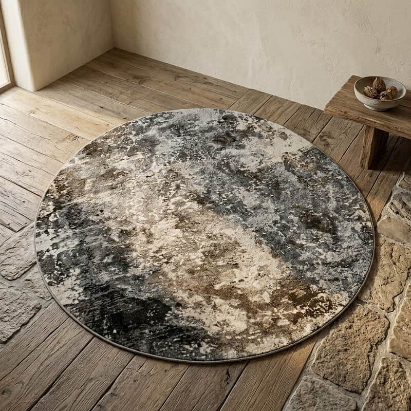 Ronde tapijt met een natuurkleurige, marmerachtige uitstraling, perfect voor moderne woonkamers en stijlvolle interieurs.