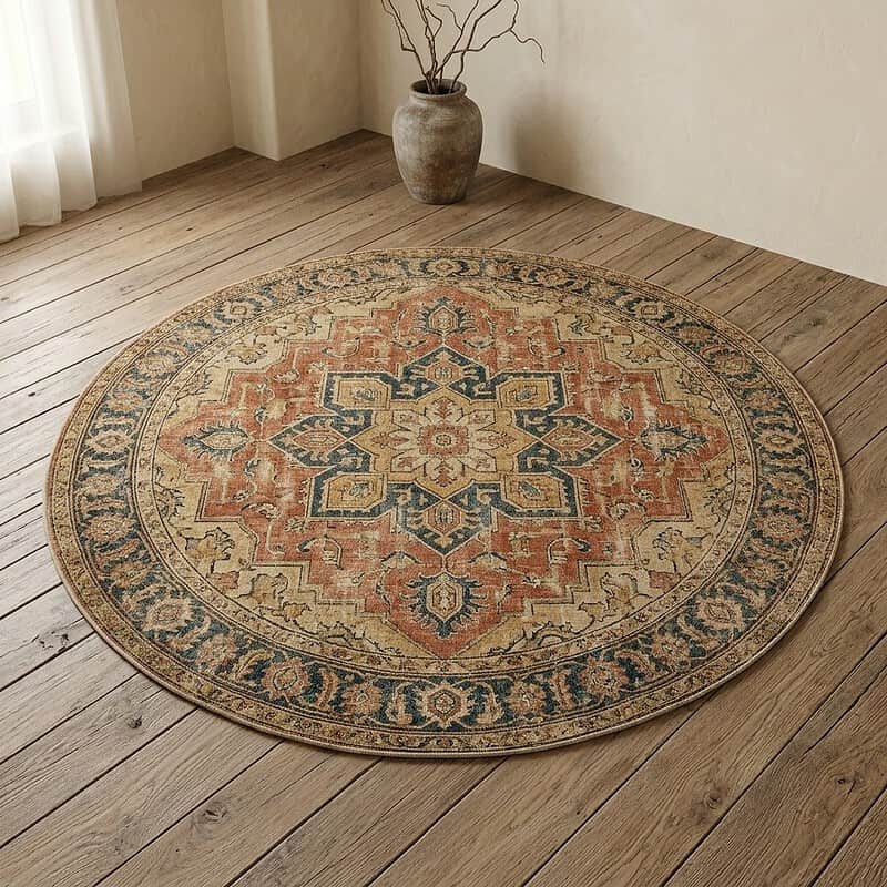 Ronde vintage tapijt met bloemmotief in warme aardetinten, perfect voor een gezellige woonkamer of slaapkamer. Handgemaakt met traditioneel ontwerp, voegt karakter toe aan elk interieur.