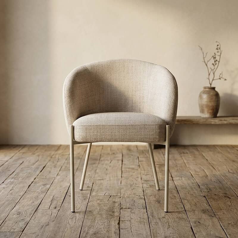 Moderne beige lounge stoel met metalen poten, perfect voor een stijlvolle en comfortabele zithoek in huis of kantoor.