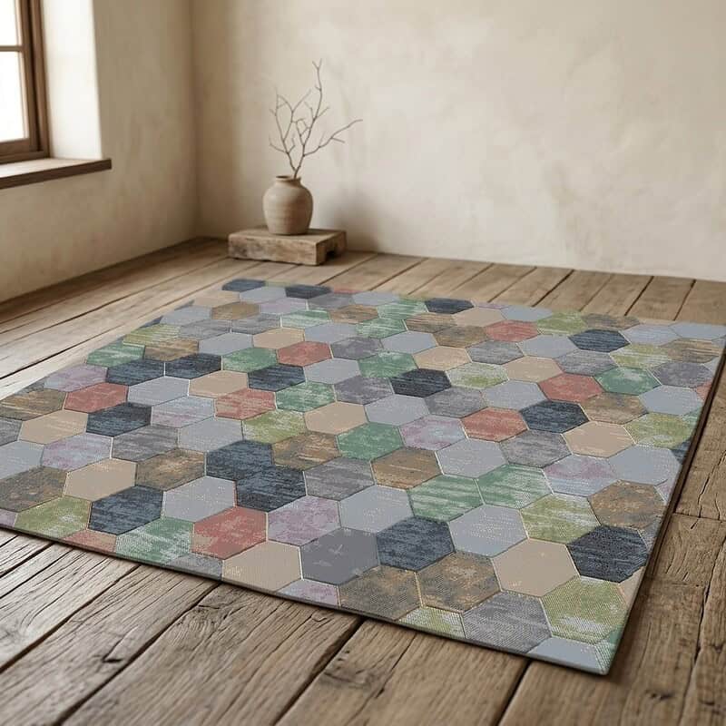 Houten vloer met kleurrijk hexagonpatroon tapijt in een minimalistische kamer, decoratief en stijlvol.