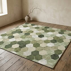Modern hexagonale vloerkleed in groen en beige tinten, perfect voor een stijlvolle woonkamer of slaapkamer.