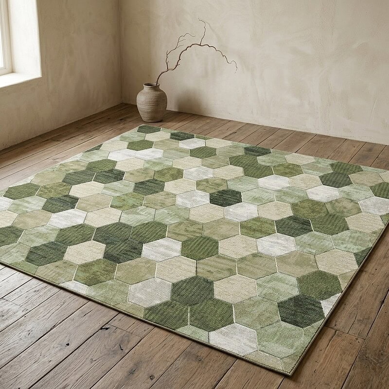 Modern hexagonale vloerkleed in groen en beige tinten, perfect voor een stijlvolle woonkamer of slaapkamer.