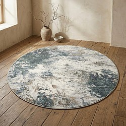 Ronde vloerkleed in wit en blauw, modern interieur, woonkamer, zachte textuur, stijlvolle decoratie, Mokana Meubelen.