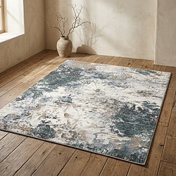 Modern abstract vloerkleed in neutrale kleuren voor woonkamer, geschikt voor stijlvolle interieurdecoratie.