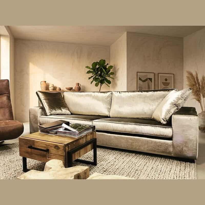 Elegante zilveren fluwelen bank in een modern woonkamer met natuurlijke decoratie en minimalistische kunstwerken, perfect voor stijlvolle en comfortabele woonruimtes.